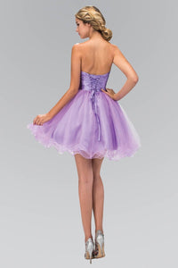 Elizabeth K GS1350 Short Tulle Dress with Pleated Waistband and Floral Lace in Lilac - SohoGirl.com