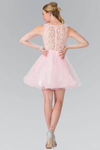 Elizabeth K GS1427 Jewel Embellished Lace Mini Dress in Blush - SohoGirl.com