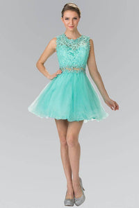 Elizabeth K GS1427 Jewel Embellished Lace Mini Dress in Mint - SohoGirl.com