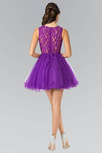 Elizabeth K GS1427 Jewel Embellished Lace Mini Dress in Purple - SohoGirl.com