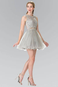 Elizabeth K GS1427 Jewel Embellished Lace Mini Dress in Silver - SohoGirl.com