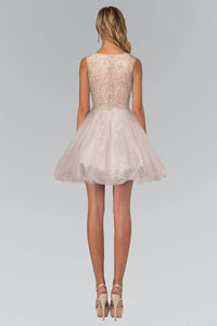 Elizabeth K GL1427P High Neck Lace Trim Sheer Waist Tulle Mini Dress in Silver - SohoGirl.com