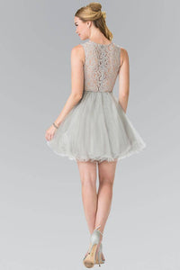 Elizabeth K GS1427 Jewel Embellished Lace Mini Dress in Silver - SohoGirl.com