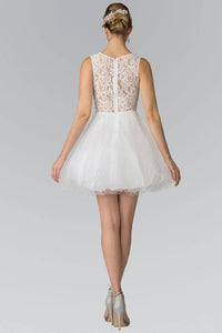 Elizabeth K GS1427 Jewel Embellished Lace Mini Dress in White - SohoGirl.com
