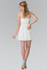 Elizabeth K GS1428 Jewel Detailed Lace Mini Dress in White - SohoGirl.com