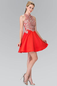 Elizabeth K GS1442 Embellished Sleeveless Short Dress with Sheer Back in Red - SohoGirl.com
