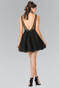 Elizabeth K GS1459 Illusion Sweetheart V-Back Babydoll Short Dress in Black - SohoGirl.com