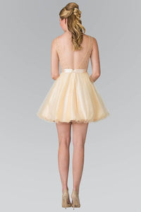 Elizabeth K GS1459 Illusion Sweetheart V-Back Babydoll Short Dress in Champagne - SohoGirl.com