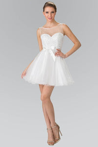 Elizabeth K GS1459 Illusion Sweetheart V-Back Babydoll Short Dress in White - SohoGirl.com