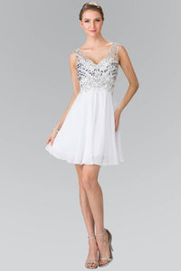 Elizabeth K GS1467 Short V-Neck Homecoming Dress with Jeweled Bodice in White - SohoGirl.com