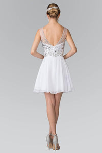 Elizabeth K GS1467 Short V-Neck Homecoming Dress with Jeweled Bodice in White - SohoGirl.com