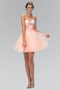 Elizabeth K GS2131 Strapless Sweetheart Tulle Short Dress with Lace Embellished Bodice In Coral - SohoGirl.com