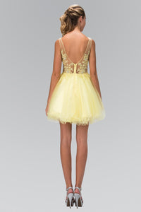 Elizabeth K GS2156 Rolled Hem Short Dress with Sheer Bodice in Yellow - SohoGirl.com