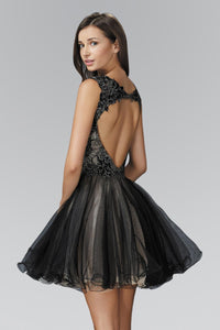 Elizabeth K GS2161 Open Back Rolled Hem Short Tulle Dress with Lace Detailing In Black-Nude - SohoGirl.com