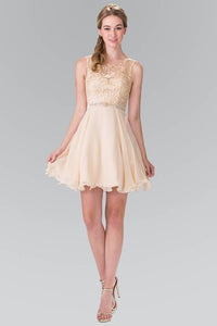 Elizabeth K GS2314Lace Bodice A-Line Short Dress in Champagne - SohoGirl.com