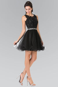 Elizabeth K GS2375 Lace Illusion Top A-line Short Dress with Beaded Waist in Black - SohoGirl.com