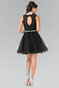 Elizabeth K GS2375 Lace Illusion Top A-line Short Dress with Beaded Waist in Black - SohoGirl.com