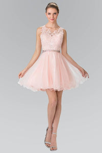 Elizabeth K GS2375 Lace Illusion Top A-line Short Dress with Beaded Waist in Blush - SohoGirl.com