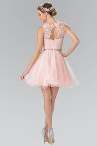 Elizabeth K GS2375 Lace Illusion Top A-line Short Dress with Beaded Waist in Blush - SohoGirl.com