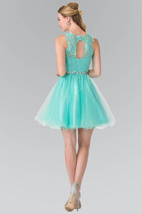 Elizabeth K GS2375 Lace Illusion Top A-line Short Dress with Beaded Waist in Mint - SohoGirl.com