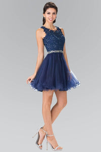 Elizabeth K GS2375 Lace Illusion Top A-line Short Dress with Beaded Waist in Navy - SohoGirl.com