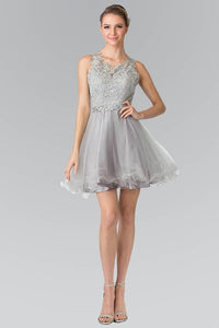 Elizabeth K GS2375 Lace Illusion Top A-line Short Dress with Beaded Waist in Silver - SohoGirl.com