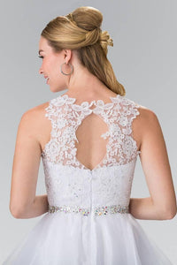 Elizabeth K GS2375 Lace Illusion Top A-line Short Dress with Beaded Waist in White - SohoGirl.com