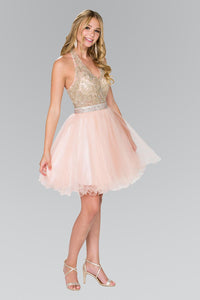 Elizabeth K GS2382 Open Back V-Neck Halter Short Dress in Blush - SohoGirl.com