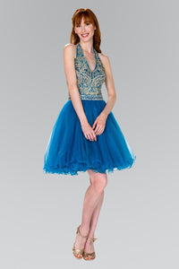 Elizabeth K GS2382 Open Back V-Neck Halter Short Dress in Teal - SohoGirl.com