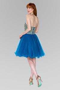 Elizabeth K GS2382 Open Back V-Neck Halter Short Dress in Teal - SohoGirl.com