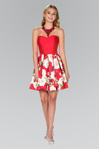 Elizabeth K GS2385 Rose Print Strapless Dress in Red - SohoGirl.com