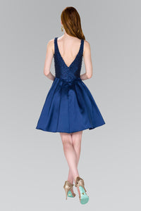 Elizabeth K GS2386 Full Beaded Top V-Neck Dress in Navy - SohoGirl.com