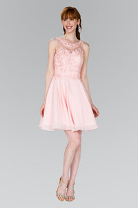 Elizabeth K GS2394 Lace Bodice Chiffon Short Dress in Blush - SohoGirl.com