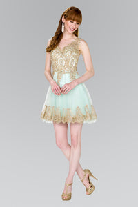 Elizabeth K GS2403 Tulle Short Dress Accented with Gold Lace in Mint - SohoGirl.com