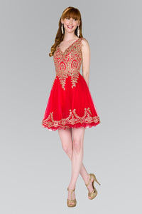 Elizabeth K GS2403 Tulle Short Dress Accented with Gold Lace in Red - SohoGirl.com