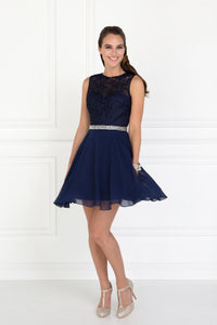 Elizabeth K GS2410 Lace Top Chiffon Skirt Illusion Dress in Navy - SohoGirl.com