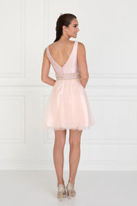 Elizabeth K GS2413 V-Neck Mesh Skirt Short Dress in Blush - SohoGirl.com
