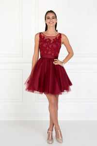 Elizabeth K GS2414 Embroidered Bodice Tulle Short Dress in Burgundy - SohoGirl.com