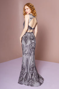 Elizabeth K GL2627 High Neck Sequin Long Dress - Silver - SohoGirl.com