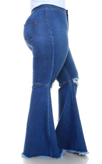 Plus Size Super Flare Ripped Knee Jeans - Medium Denim - SohoGirl.com