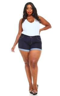 Plus Size Stretchy Mid Rise Cuffed Denim Shorts - Dark Denim - SohoGirl.com