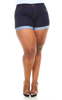 Plus Size Stretchy Mid Rise Cuffed Denim Shorts - Dark Denim - SohoGirl.com