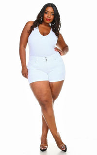 Plus Size Stretchy 3-Button Cuffed Denim Shorts - White - SohoGirl.com