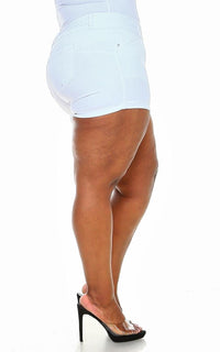 Plus Size Stretchy 3-Button Cuffed Denim Shorts - White - SohoGirl.com