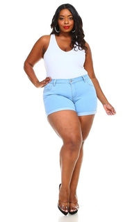 Plus Size Stretchy Mid Rise Cuffed Denim Shorts - Light Denim - SohoGirl.com
