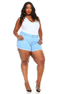 Plus Size Stretchy Mid Rise Cuffed Denim Shorts - Light Denim - SohoGirl.com
