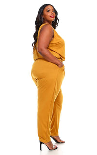 Plus Size Drawstring Jersey Jumpsuit - Mustard - SohoGirl.com