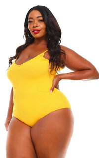Plus Size V-Neck Ribbed Bodysuit - Yellow (S-3XL) - SohoGirl.com