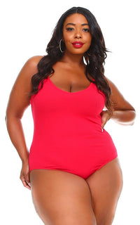 Plus Size V-Neck Ribbed Bodysuit - Red (S-3XL) - SohoGirl.com