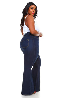 Plus Size High Waisted Bell Bottom Jeans - Dark Denim - SohoGirl.com